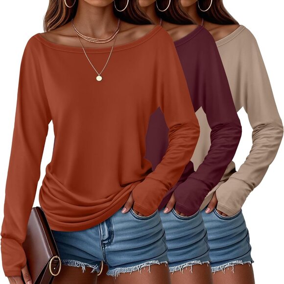 3 Pack Women's Boat Neck Off-Shoulder Tops - Casual Tunic Tees in Chic Colors - Picture 1 of 5